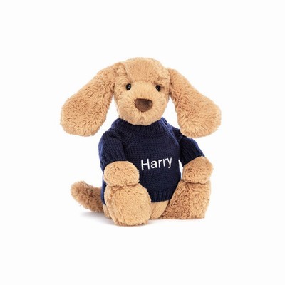 Jellycat Bashful Toffee Puppy with Navy Jumper USA | 29746HXFV